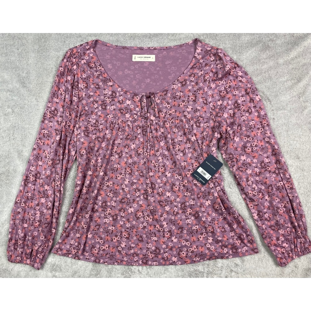 NWT Lucky Brand Women's Small Purple Floral Sandwash Tie-Front Top Long Sleeve